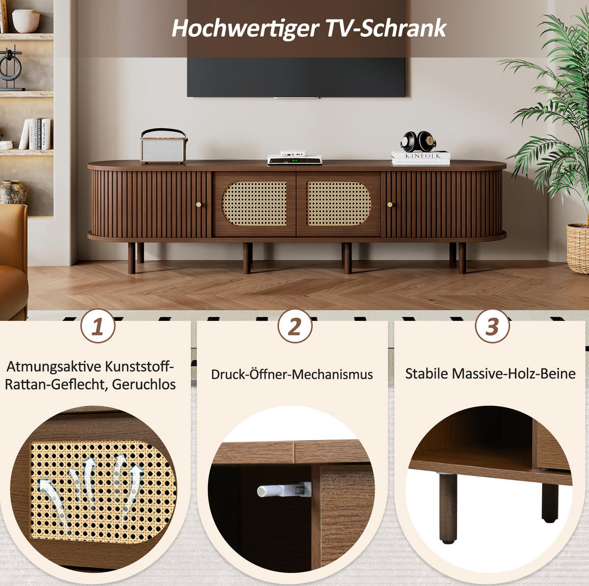 TV stolek 180/40/40 cm se 2 dvířky, 2 roletovými dvířky a MDF korpusem, Tmavý dub - barva vlašského ořechu/hnědá, kompozitní dřevo (180/40/40cm) - Redom
