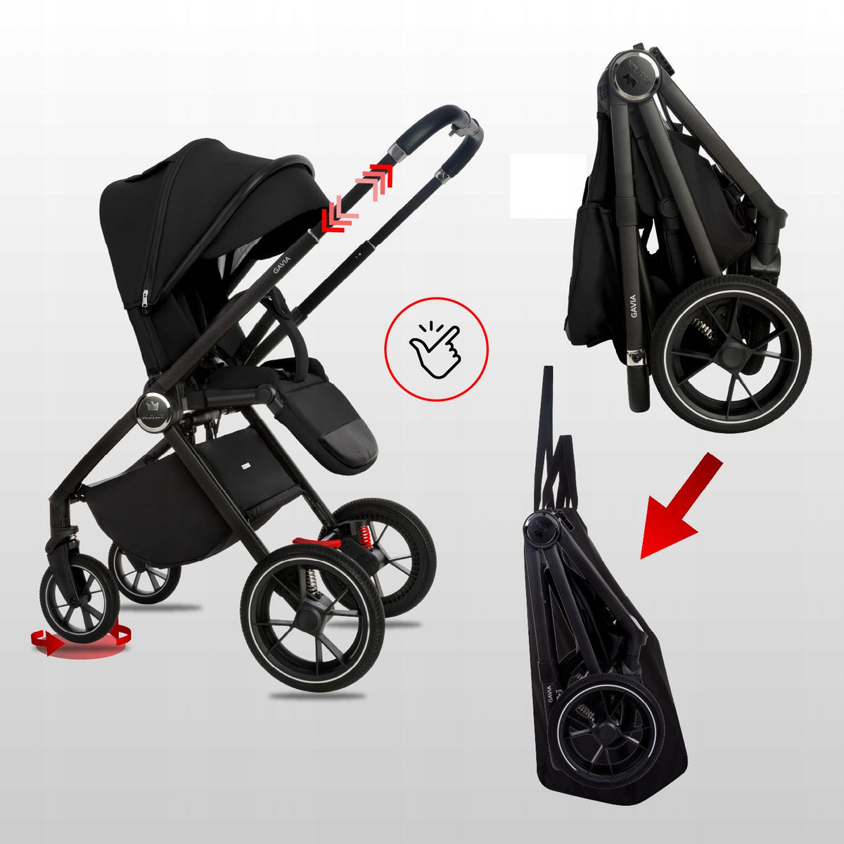 KINDERWAGEN Gavia 4in1 Schwarz Babywanne, Reisebuggy, Autositz, Isofix Basis - Schwarz, Textil/Metall (58/98cm) - BabyLux