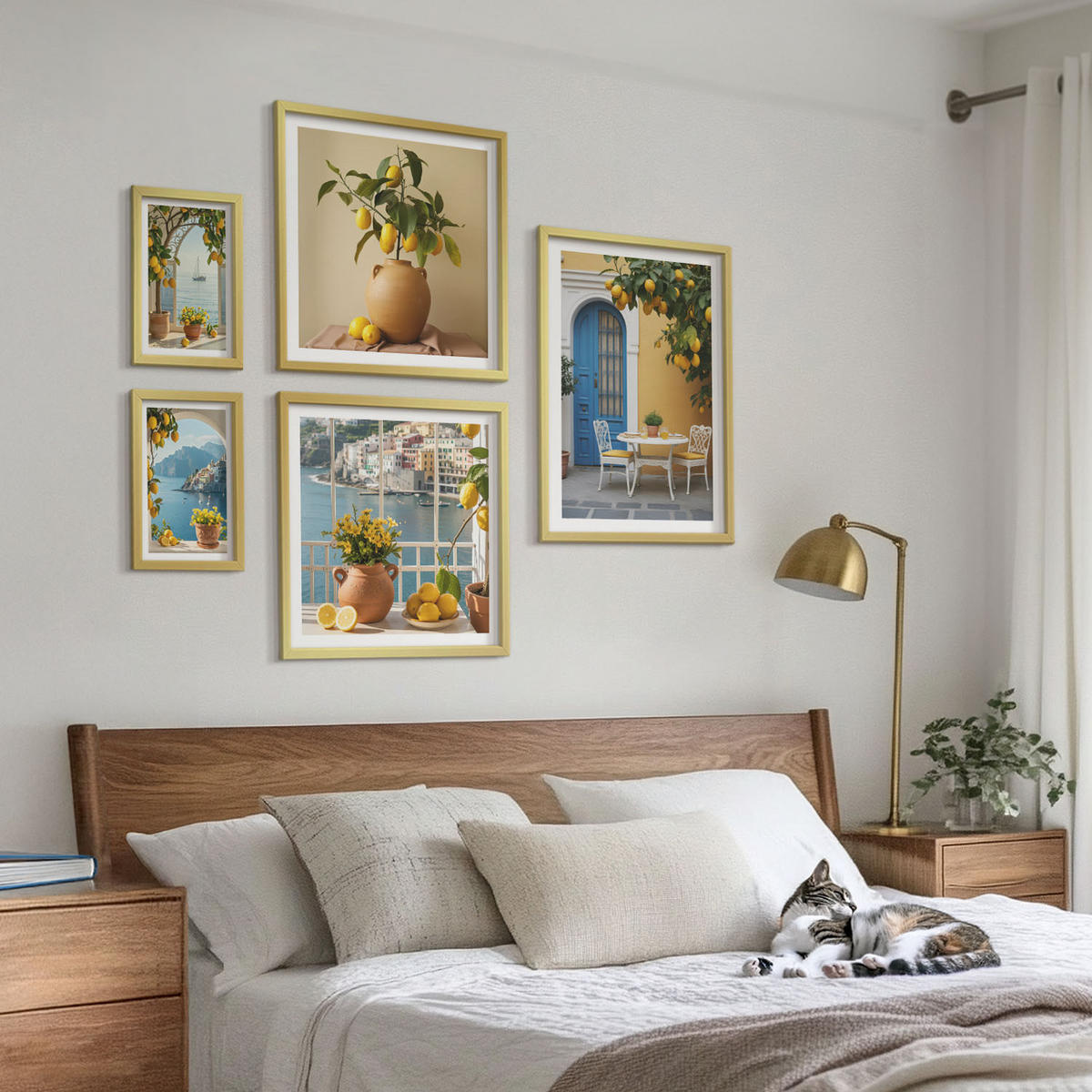 BILDER SET 5er Set - 50x50 cm & 20x30 cm & 40x60 cm Goldrahmen - Meereslandschaften, Zitronen, Fenster - Goldfarben, Kunststoff (40/60cm) - TULUP