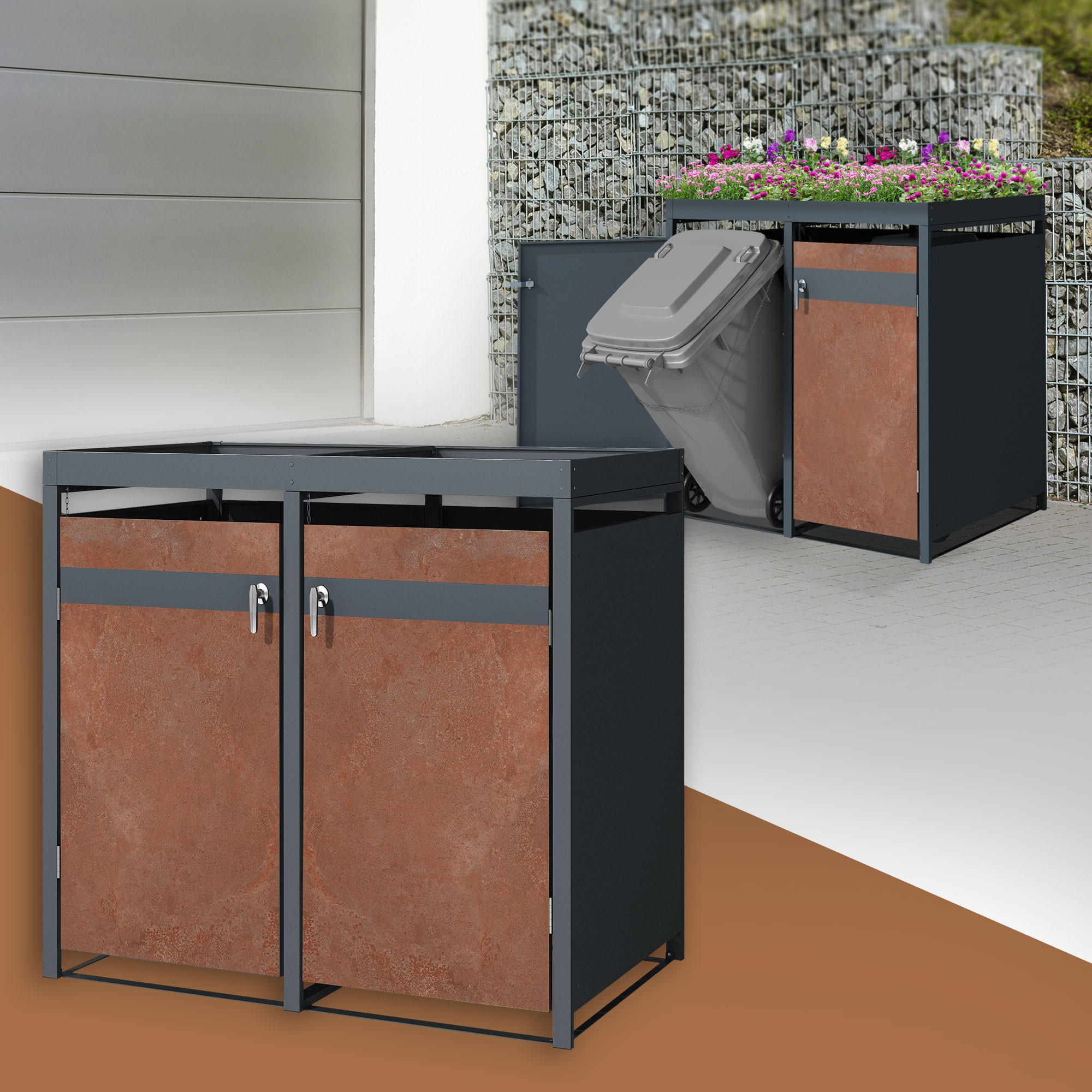 MÜLLTONNENBOX 2er mit Pflanzdach Anthrazit-Rostoptik - Rotbraun, Metall (80/124/132cm) - ML-DESIGN