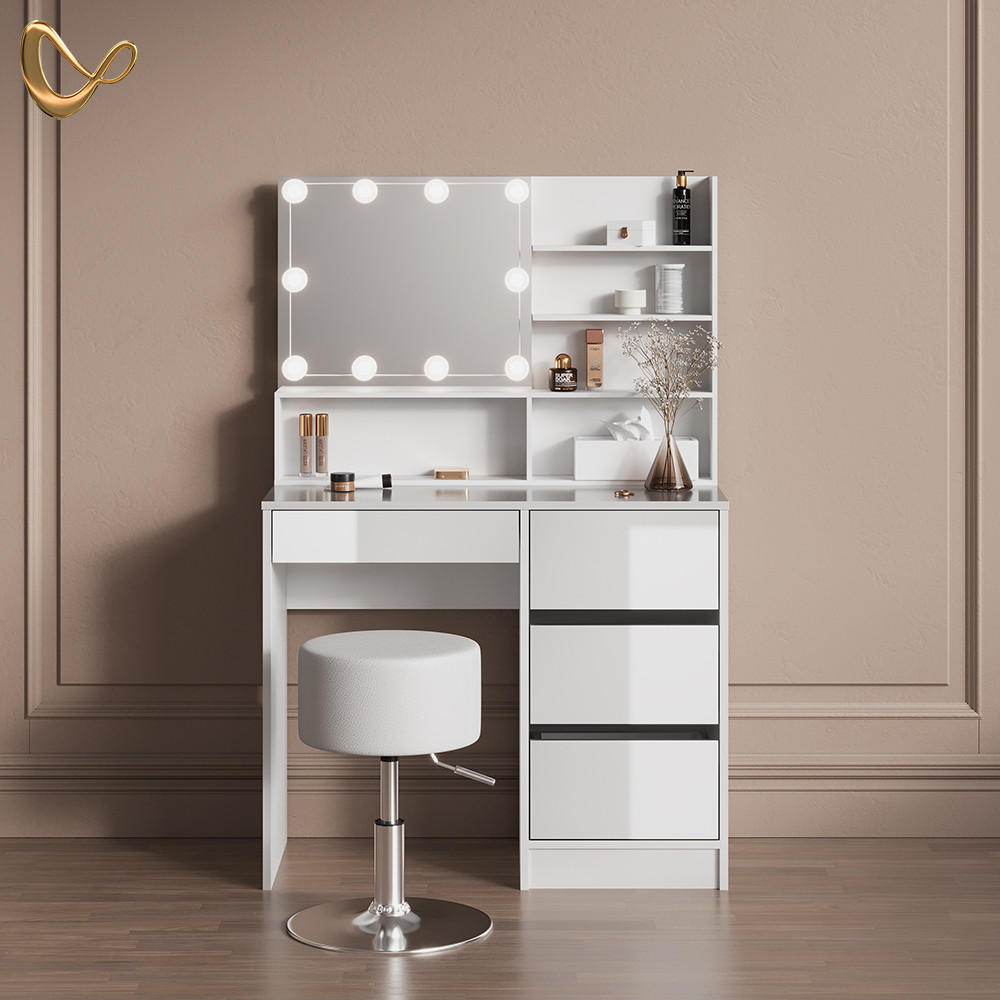 SCHMINKTISCH Imola Weiß mit LED Beleuchtung, Hocker und Spiegelregal - Weiß, Holzwerkstoff (140/75/40cm) - Livinity®