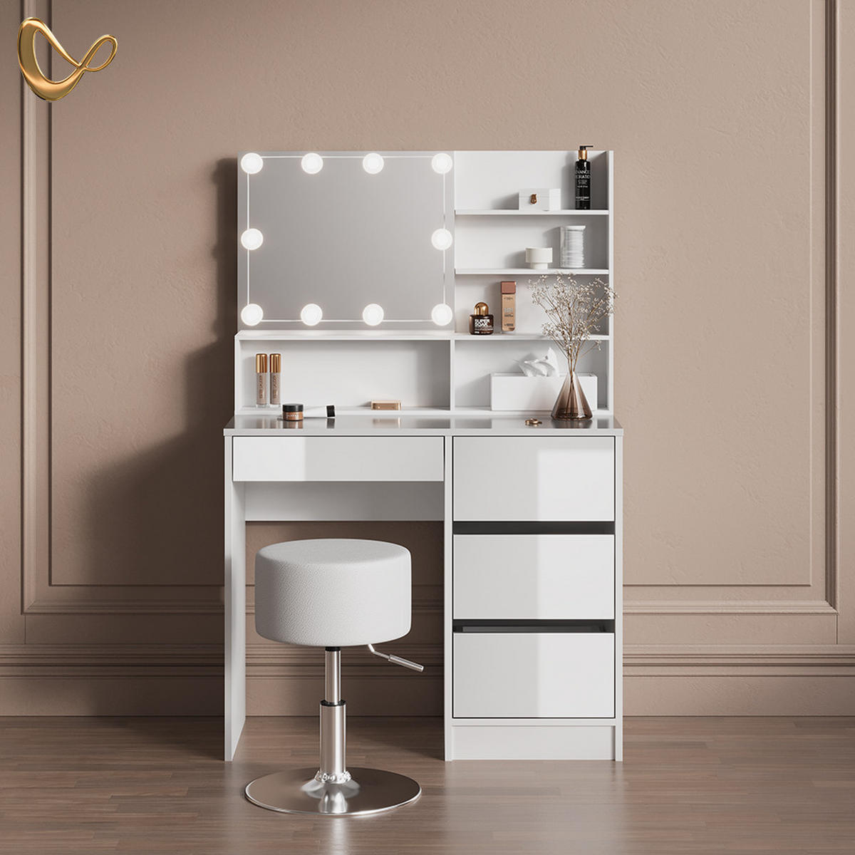 SCHMINKTISCH Imola Weiß mit LED Beleuchtung, Hocker und Spiegelregal - Weiß, Holzwerkstoff (140/75/40cm) - Livinity®
