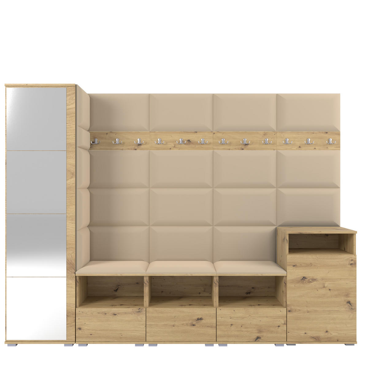GARDEROBE NELA XI 250 cm (Modulare Flurmöbel Artisan Eiche mit Spiegel & Sitzpolster Beige 04 Großes Set) - Beige/Silberfarben, Holz/Holzwerkstoff (250/187/40cm) - Ravio