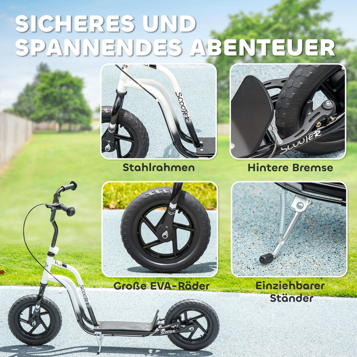 ROLLER Kinder Tretroller Kickscooter mit verstellbarem Lenker 12 Zoll Räder Weiß - Weiß, Kunststoff (115/50/88cm) - AIYAPLAY