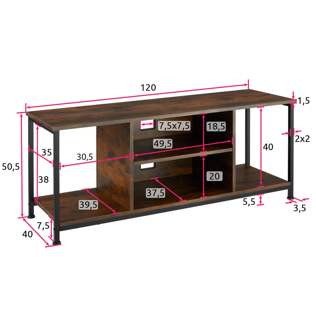 TV-REGAL Denver,120 x 40 x 50,5 cm,Industrial Holz dunkel, rustikal - Rostfarben, Holzwerkstoff (40/50.5/120cm) - tectake