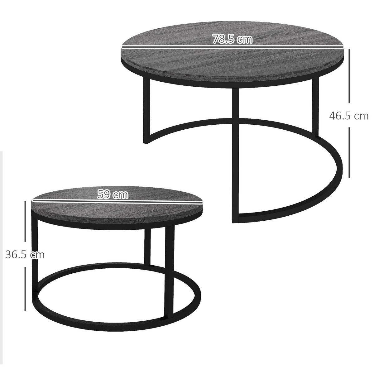 COUCHTISCH rund 2er Set Stapelbarer Beistelltisch mit Metallrahmen, Schwarz - Dunkelgrau, Metall (78.5/78.5/46.5cm) - HOMCOM