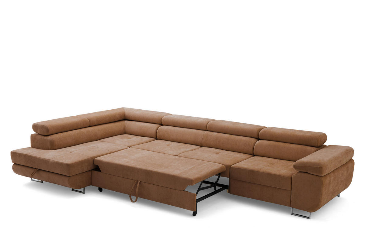 ECKSOFA WILD MAXI L Links mit Schlaffunktion 125x195 Chenille Braun - Chromfarben/Braun, Holz/Textil (350/203cm) - Muffo