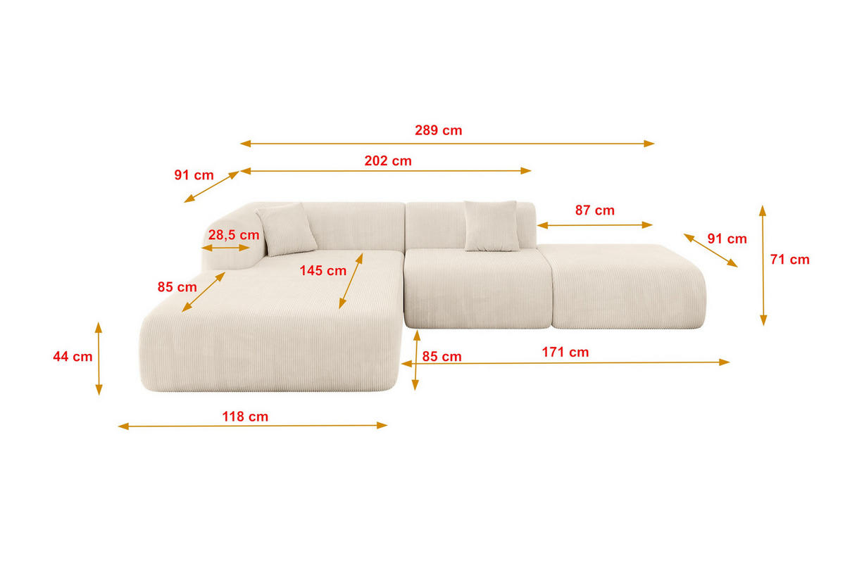 ECKSOFA Ottomane Links OVLY-L 289x176x71 Beige Cord - Kaschmir/Beige, Holzwerkstoff/Kunststoff (176/289cm) - ALTDECOR