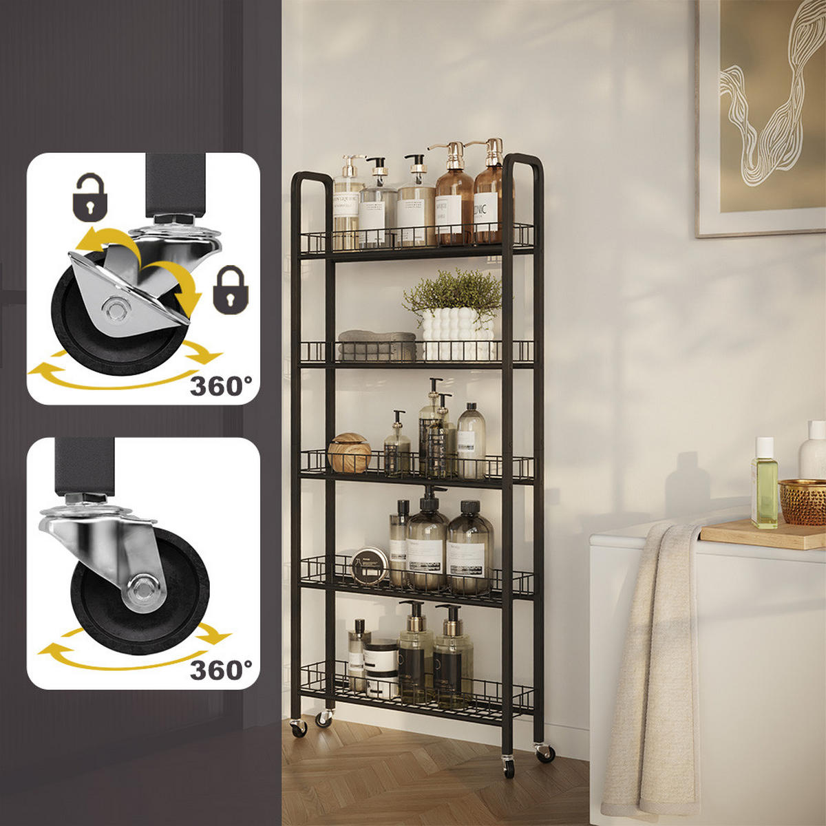 ROLLREGAL Rolivo Schwarz 58 x 15 cm mit 5 Fächern - Schwarz, Metall (58/129.5/15cm) - Vicco