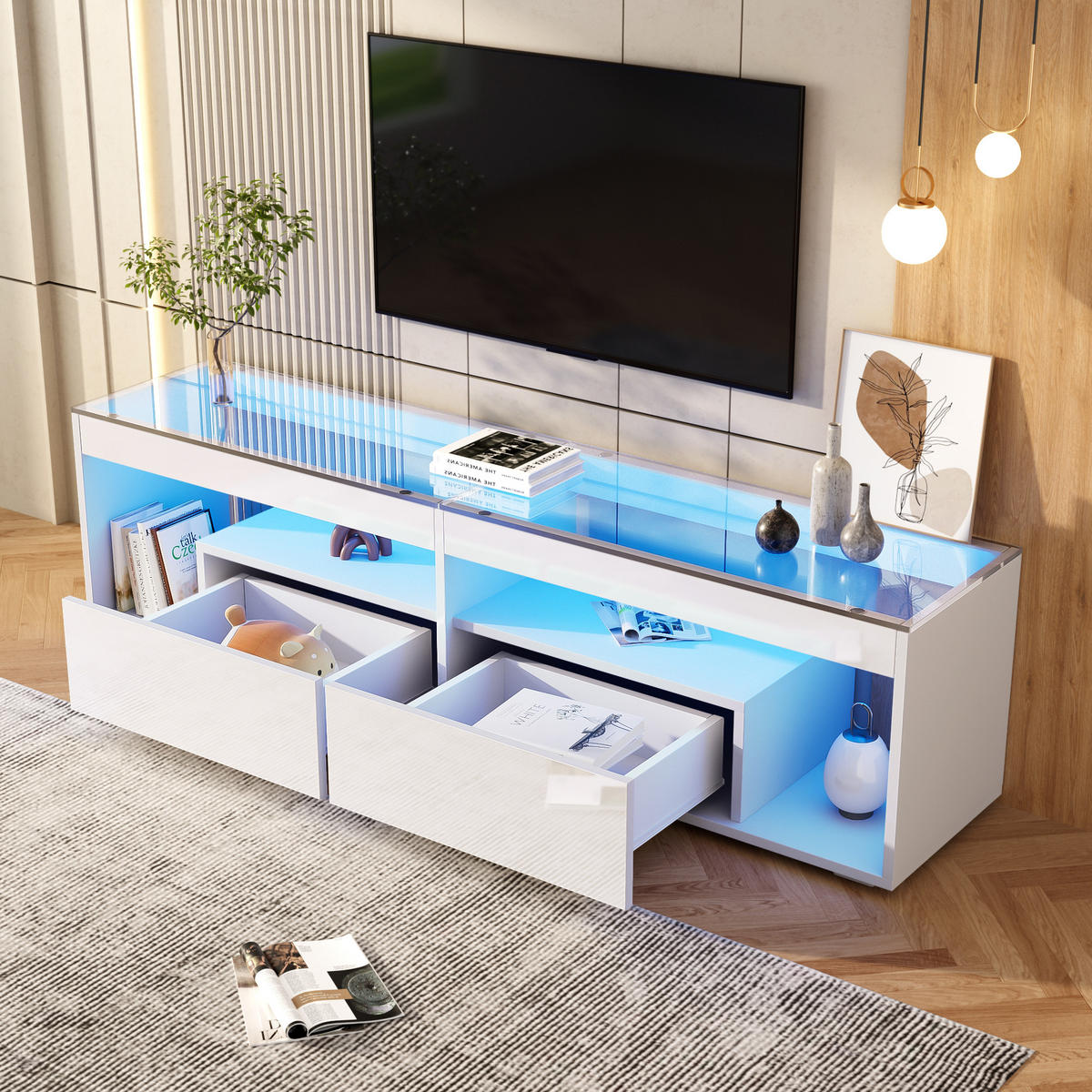 TV-SCHRANK Weiß mit gehärtetem Glas und dimmbarer LED-Beleuchtung 180 × 40 × 46 cm - Weiß, Holzwerkstoff (180/46/40cm) - Luhomfu