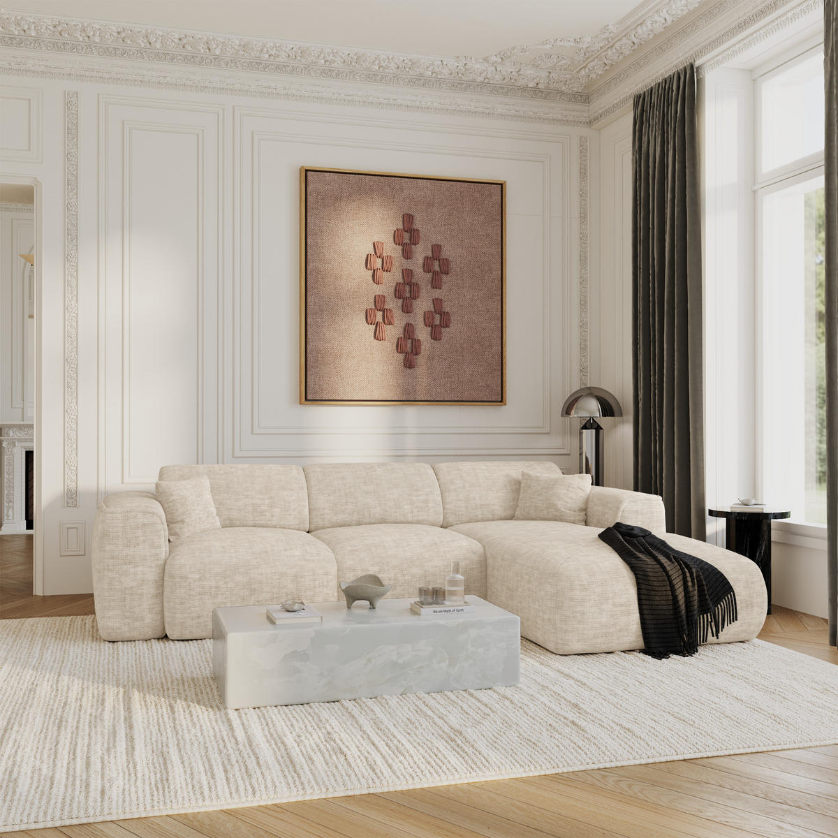 ECKSCHLAFSOFA Texturierter Samt Beige 283cm - Beige, Textil (283/180cm) - Sia Home