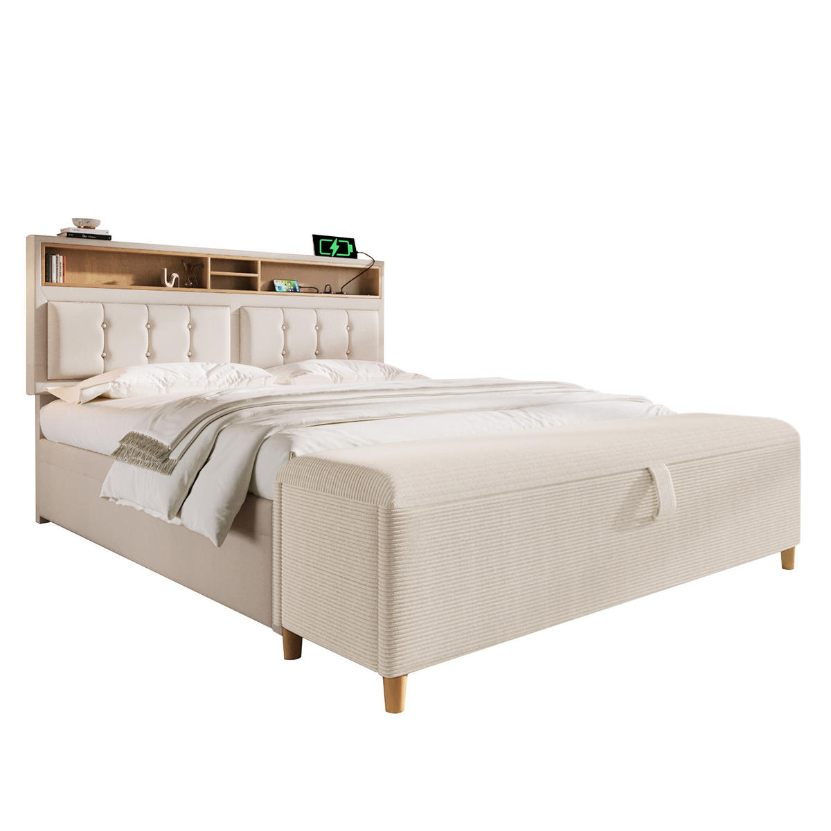 POSTEĽS úložným priestorom a nastaviteľným čelom (vrátane lavice) - béžová, kompozitné drevo/textil - Urban Meuble