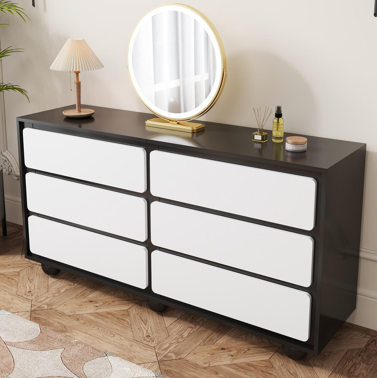 SIDEBOARD 140/38/74,5 cm weiß/schwarz aus Spanplatte mit 6 Schubladen - Weiß, Holzwerkstoff (140/74.5/38cm) - OKWISH