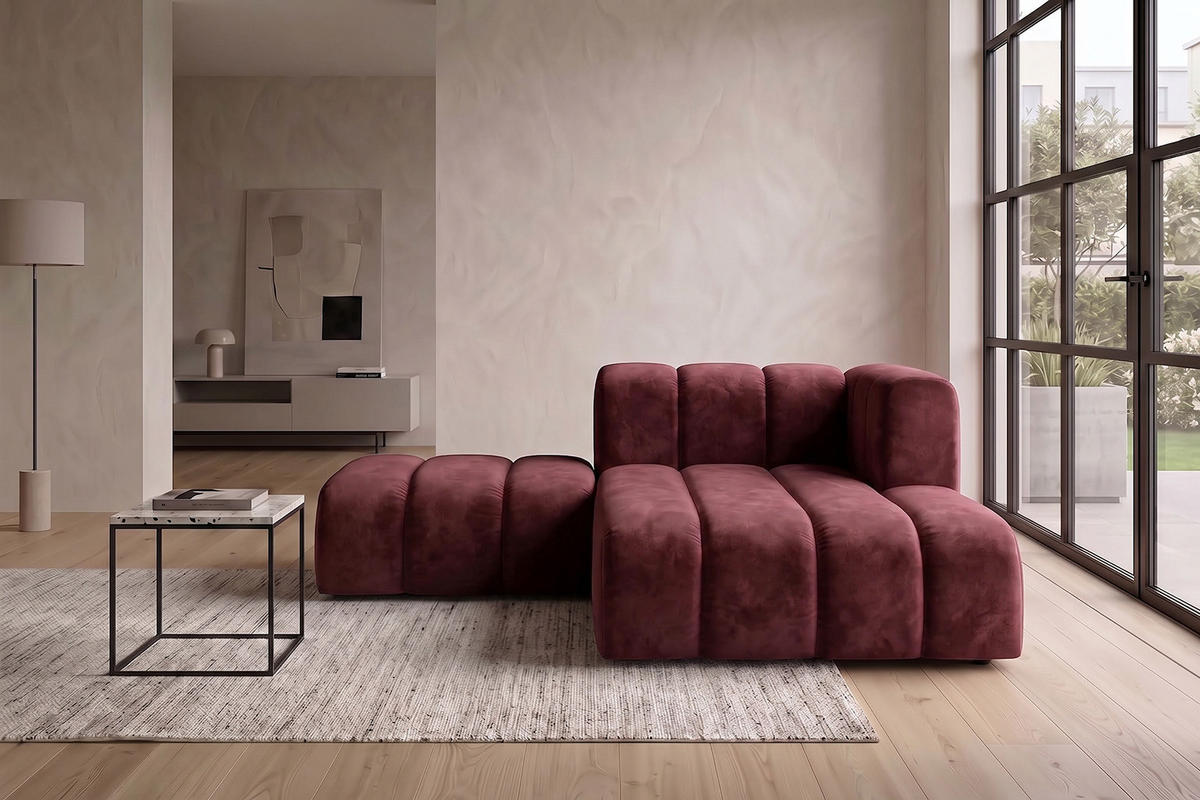 CHAISELONGUE Modulare Mit Hocker, Velvet-Stoff Riviera, Rotwein, Rechts, GRAND - Dunkelrot, Holz (204/179cm) - Kaiser Möbel