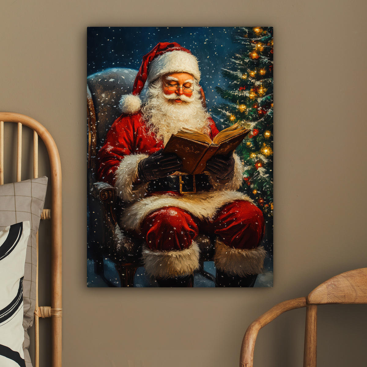 LEINWANDBILD Weihnachtsmann - Weihnachten - Winter - Weihnachtsbaum 60x80 cm - Bordeaux, Textil (60/80cm) - MuchoWow