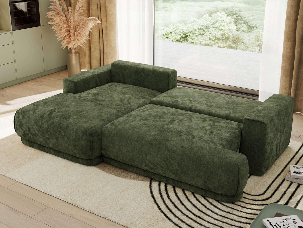 ECKSCHLAFSOFA RINA L Dunkelgrün Schenille glatt - links - Dunkelgrün/Schwarz, Kunststoff/Textil (267/170cm) - MKS