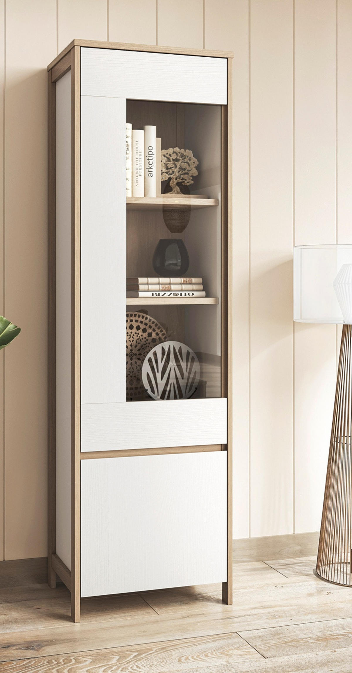 VITRINE in weiß und Eiche Vitrinenschrank skandinavisch 58 x 195 cm, Soft-Close Finnes - Eichefarben/Weiß, Glas/Holzwerkstoff (58/195/39cm) - Furn.Design