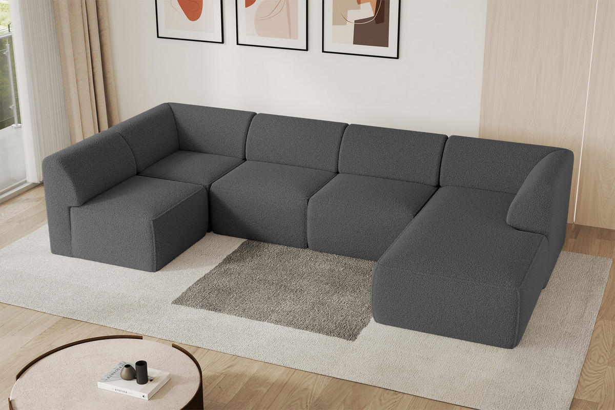 WOHNLANDSCHAFT Ottomane Rechts MOVO-L 345x180x78 cm Grau Bouclé - Chromfarben, Holzwerkstoff/Kunststoff (180/78/345cm) - ALTDECOR