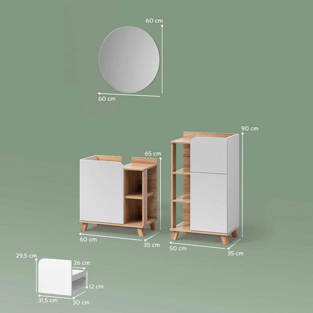 Thumbnail - Livinity® Badmöbel-Set, Sonoma Eiche, Weiß, Holzwerkstoff, 9 Fächer, 1 Schubladen, Rechteckig, 60x65x35 cm, Badezimmer, ...