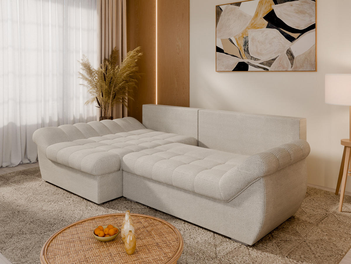 ECKSOFA ZAYA mit Schlaffunktion L-Form, Sofa mit Bettkasten, Wohnzimmersofa, Couch, Soffa, Bettsofa, LINKS- Creme - Creme, Holz (279/175cm) - Homesy