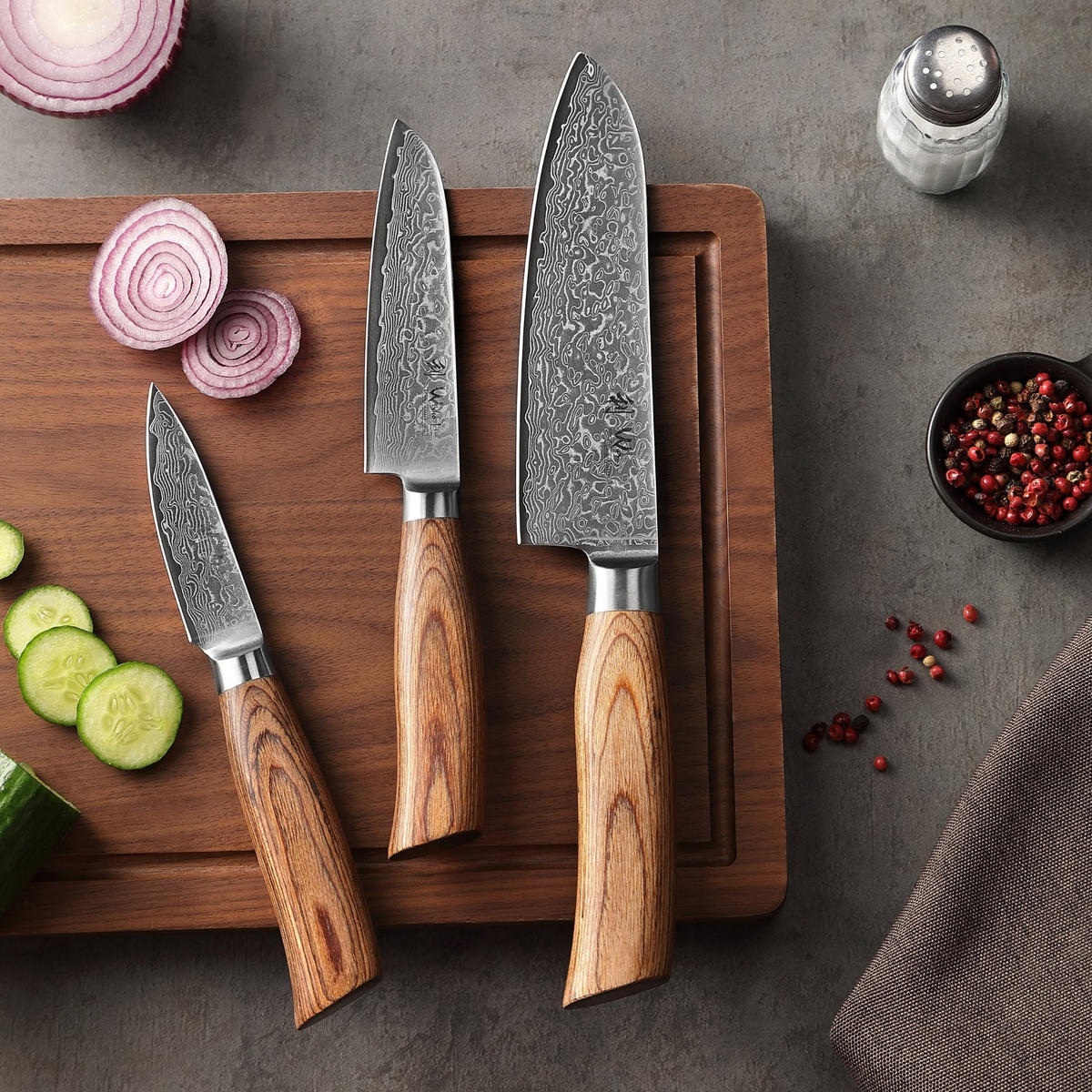 MESSERSET 3-tlg Damast - Braun, Metall - Wakoli