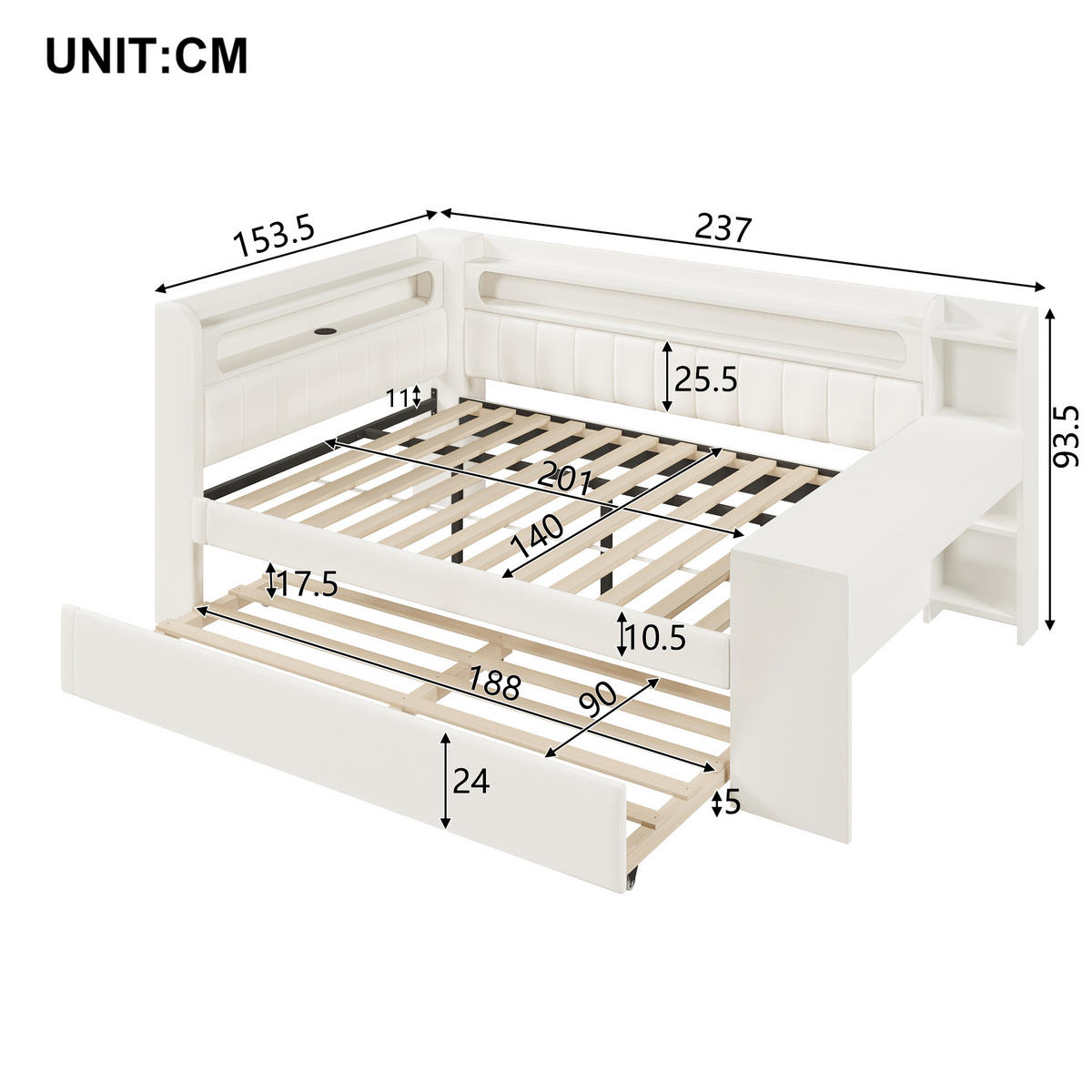 POLSTERBETT 140/200 cm weiß aus MDF mit LED und USB mit Ausziehbett und Schreibtisch - Weiß, Holzwerkstoff (140/200cm) - OKWISH