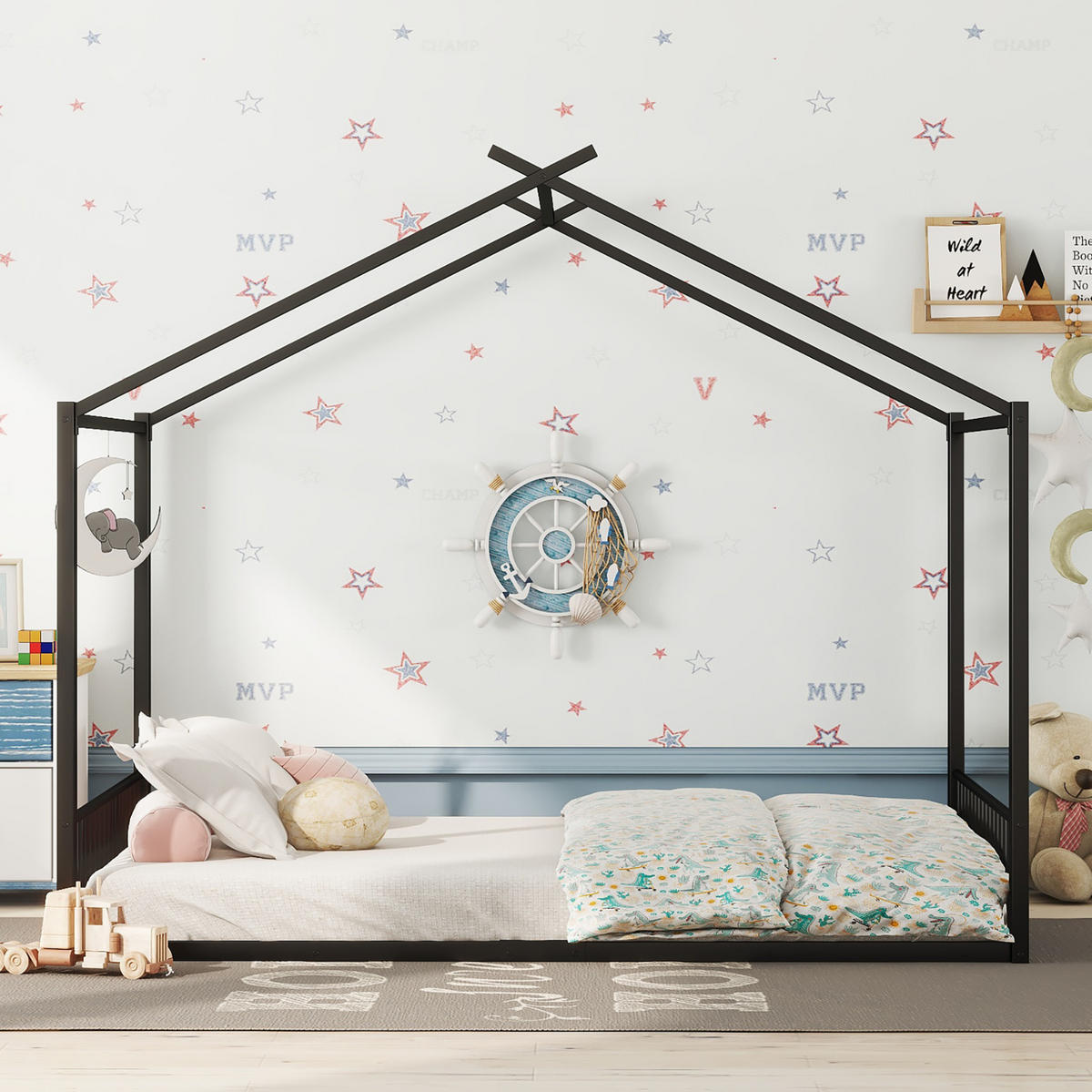 KINDERBETT 140/200 cm in Hausform aus Metall – Schwarz - Schwarz, Metall (140/200cm) - BEAOK