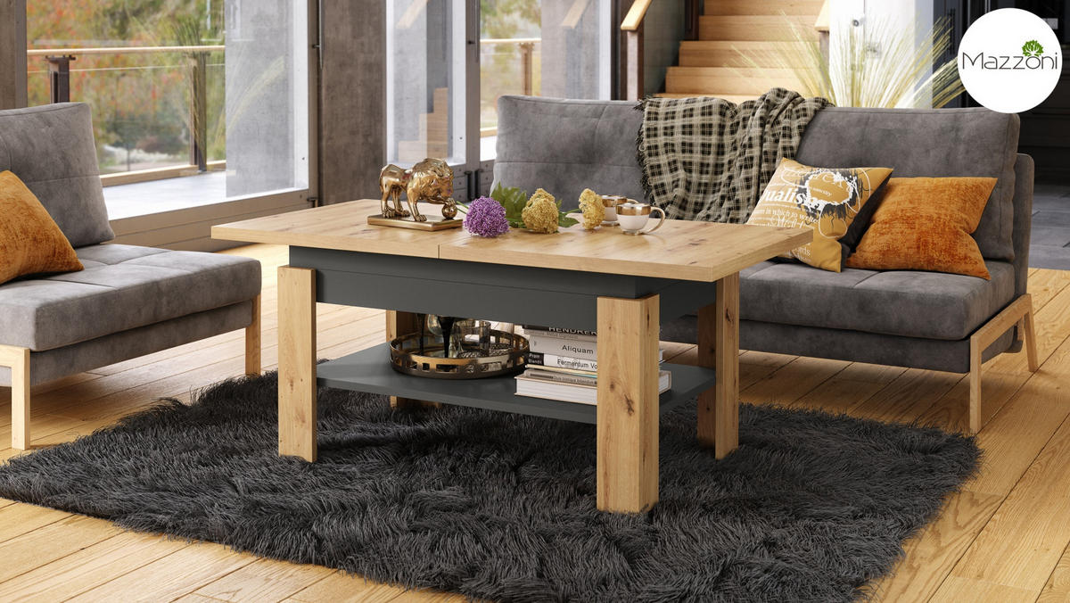 COUCHTISCH rechteckig Eiche Artisan - Anthrazit ausziehbar höhenverstellbar - Anthrazit/Eiche Artisan, Holzwerkstoff (65/130/58cm) - designimpex