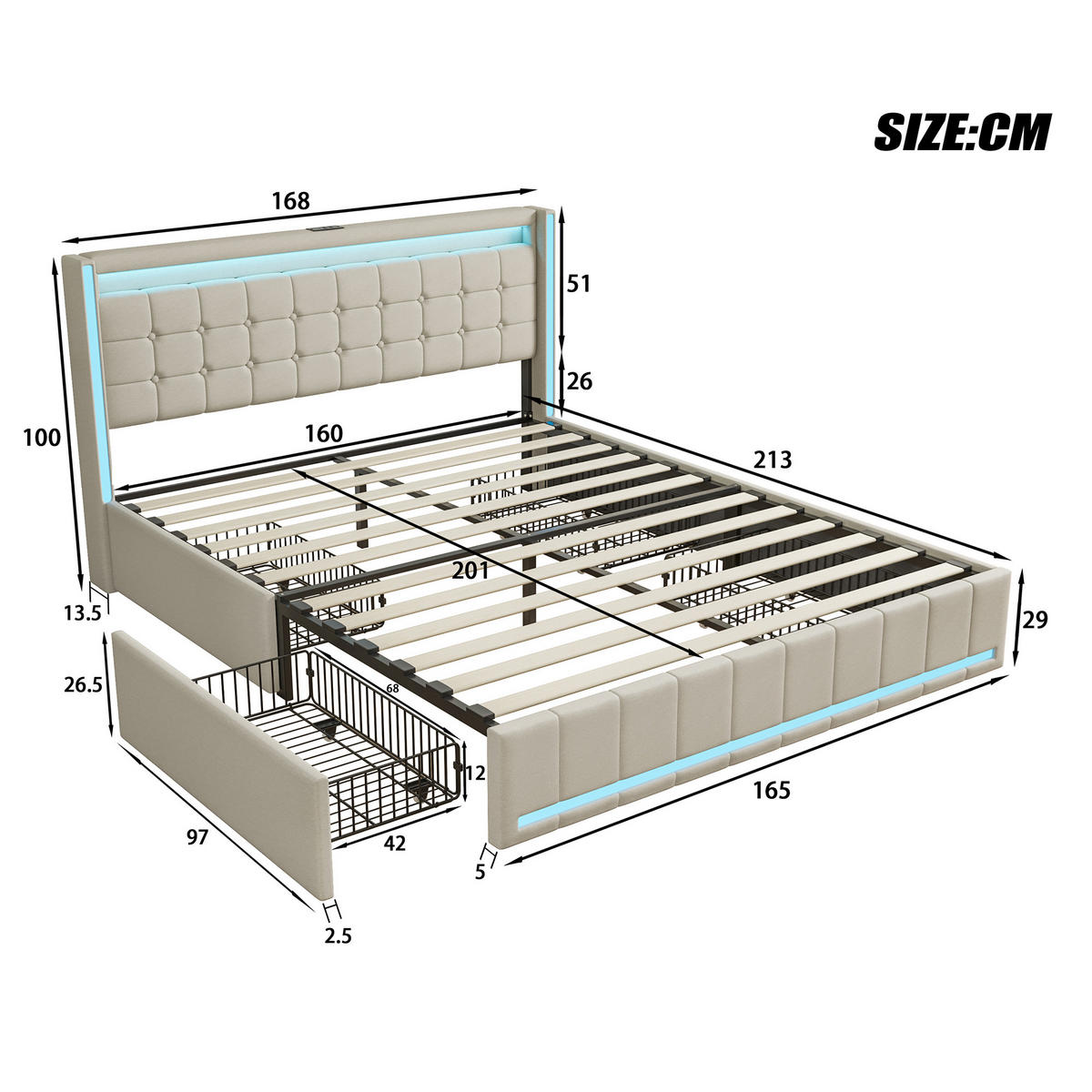 POLSTERBETT 160x200 cm mit 4 Schublade, Doppelbett 160x200 cm mit LED und USB, Lattenrost, Bett 160x200, Beige Leinenstoff - Beige, Holzwerkstoff/Textil (160/200cm) - GENKI LIVING