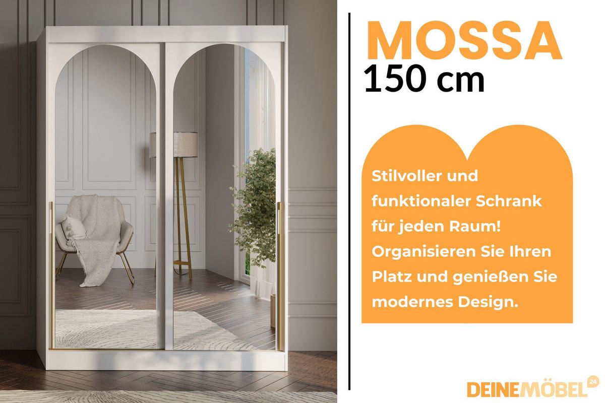 SCHIEBETÜRENSCHRANK MOSSA 150 / 215 / 65 cm in Weiß / Gold - Goldfarben/Weiß, Holzwerkstoff (150/215/65cm) - Deine Möbel 24