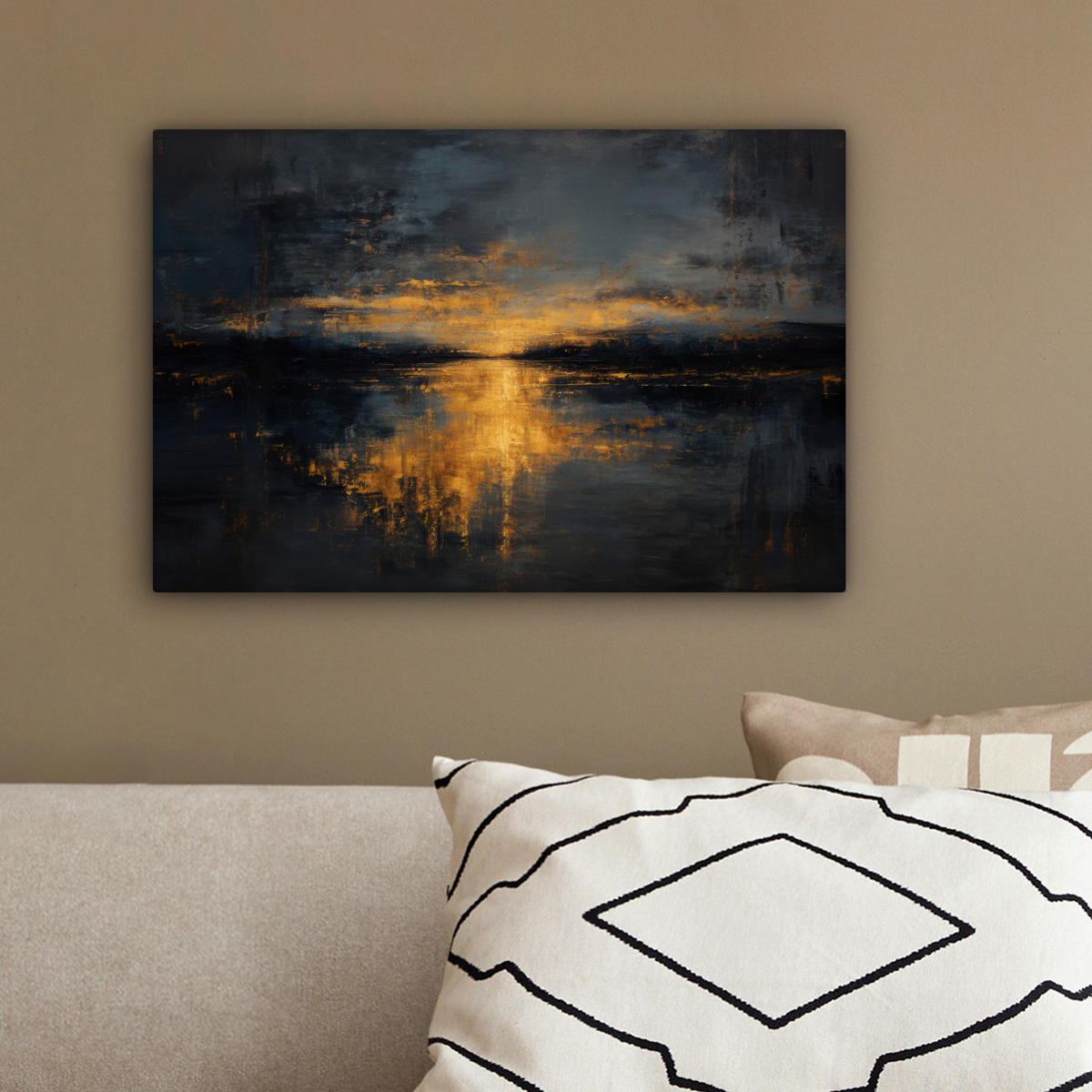 LEINWANDBILD Goldene Reflexion auf dem Wasser Deko Schlafzimmer 30x20 cm - Anthrazit, Textil (30/20cm) - MuchoWow