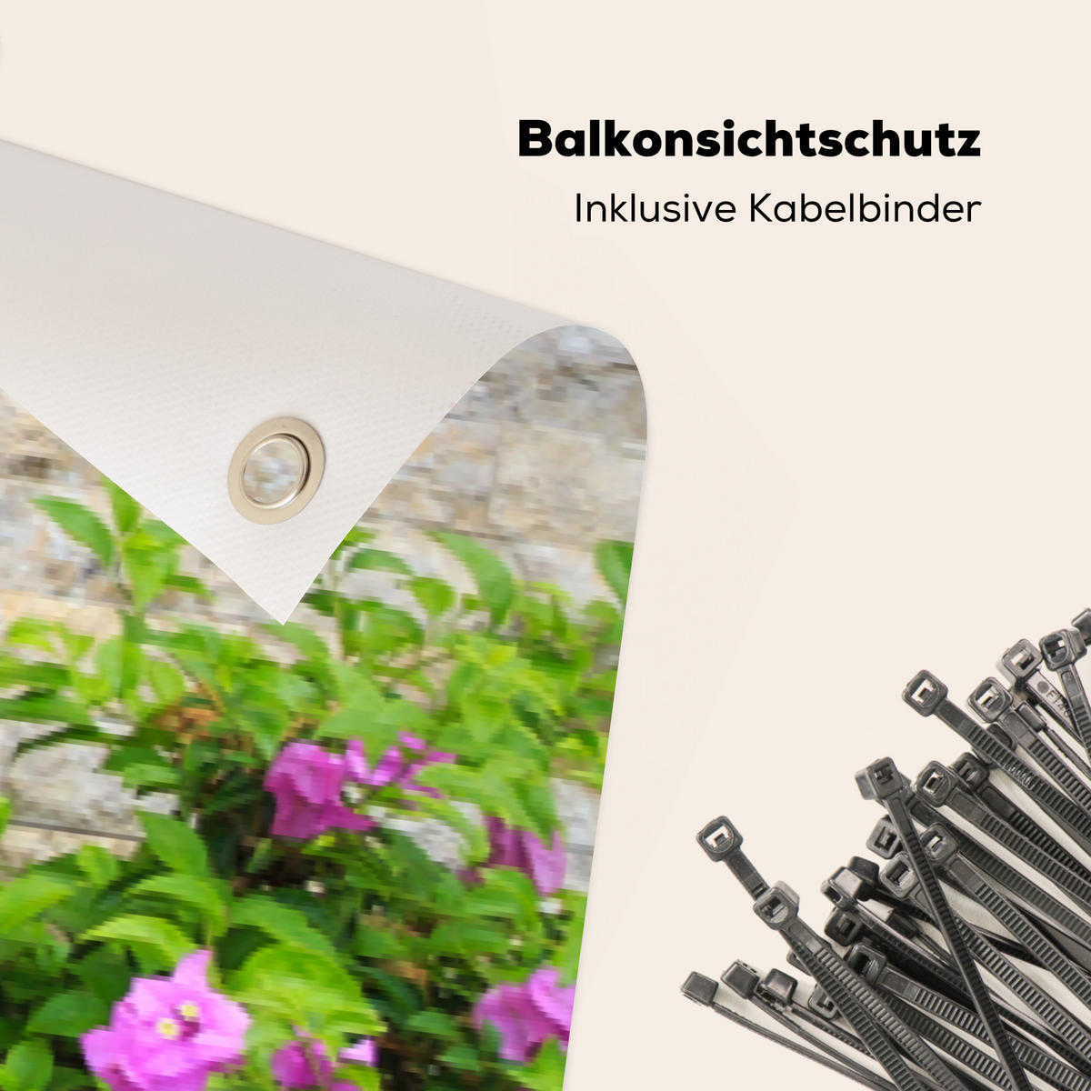 BALKON-SICHTSCHUTZ Blumen - Pflanzen - Blätter - Steine - Pink, Kunststoff (500/100cm) - MuchoWow