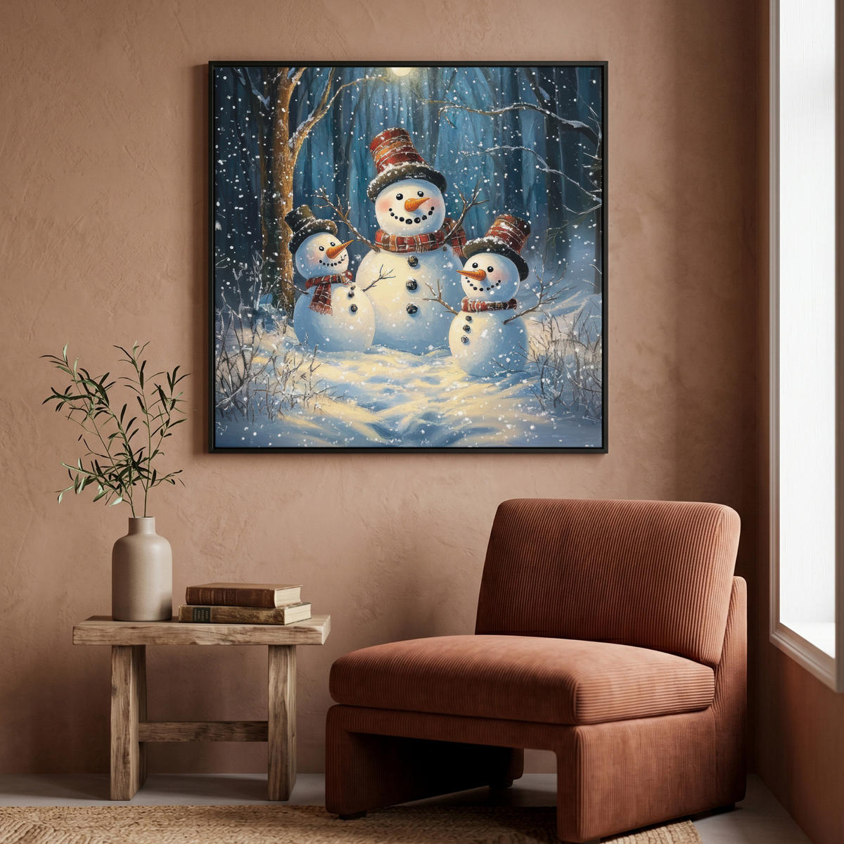 LEINWAND Bilder mit Rahmen - Schneemann - Schnee - Winter - Wald - 90x90 - Hellblau, Textil (90/90cm) - MuchoWow