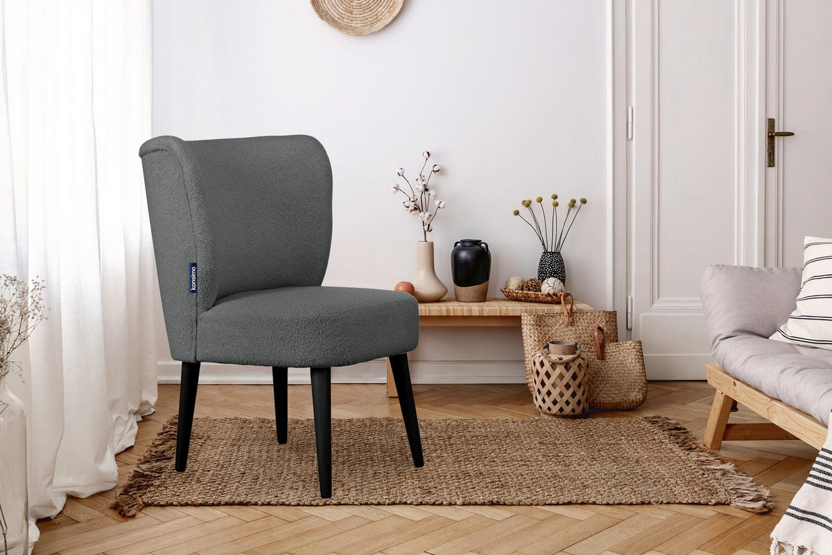 COCKTAILSESSEL APPA uf hohen schwarz lackierten Beinen aus Buchenholz, aus recyceltem Boucle-Stoff, Dunkelgrau/Schwarz - Dunkelgrau/Schwarz, Holz/Textil (63/89/65cm) - KONSIMO®