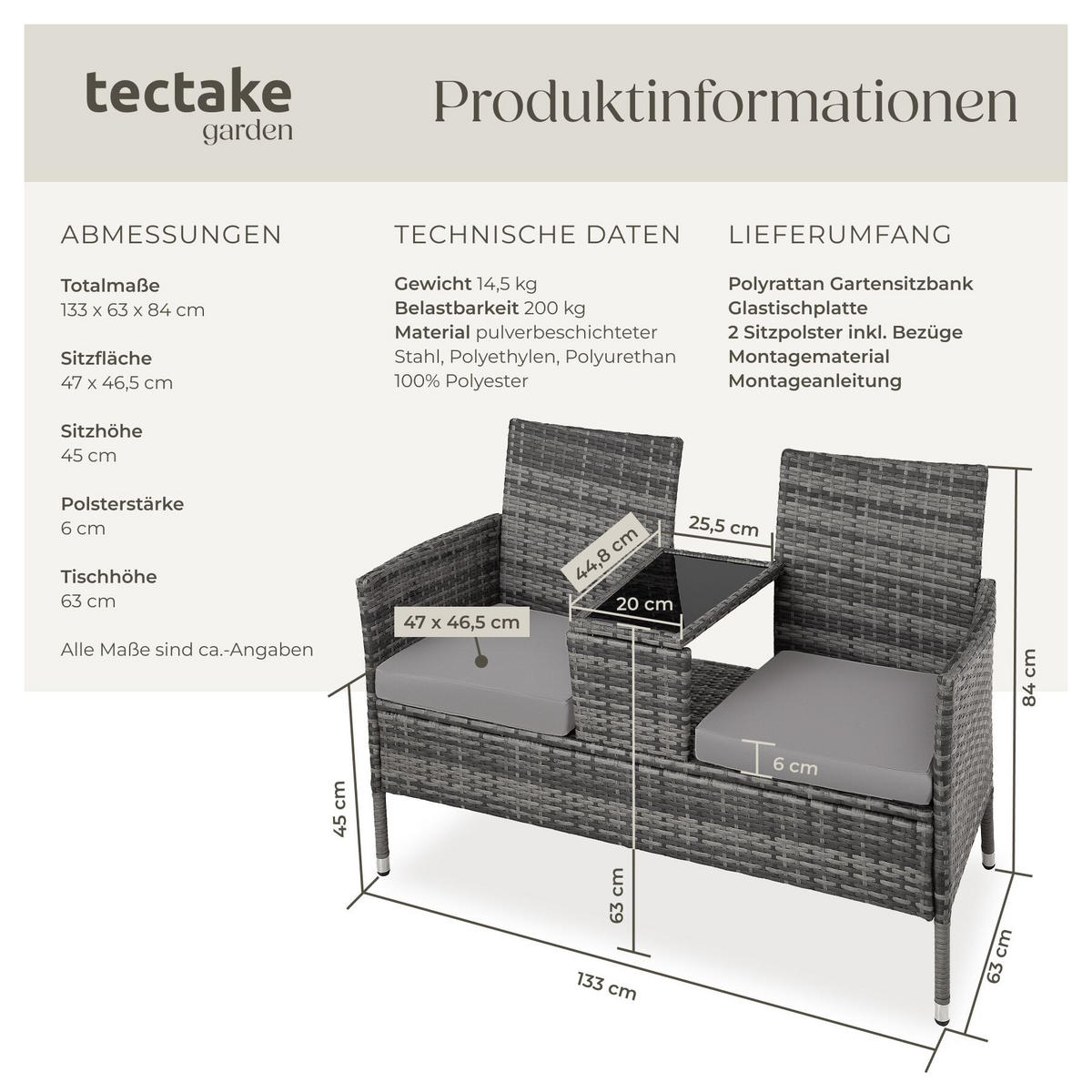 RATTAN GARTENSITZBANK Narbonne, 6 cm Sitzpolster, grau/hellgrau - Grau, Kunststoff (61/82/131cm) - tectake
