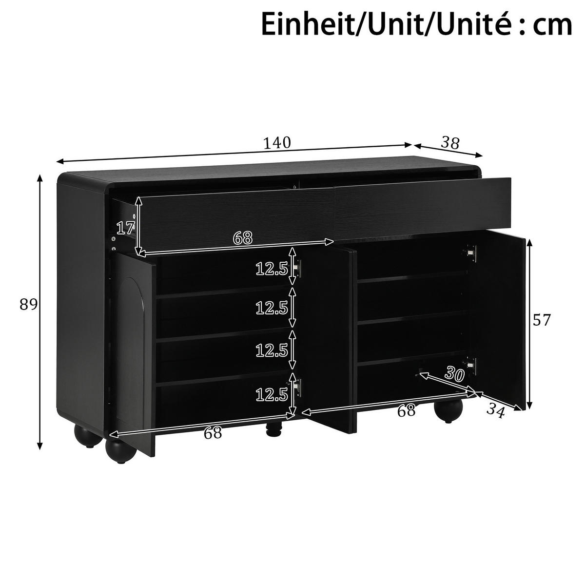 SIDEBOARD 140/38/89 cm schwarz aus MDF mit 2 Schubladen - Schwarz, Holzwerkstoff (140/89/38cm) - OKWISH