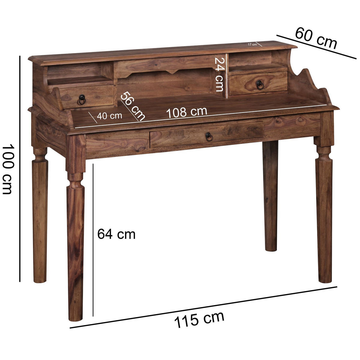 SCHREIBTISCH – Massivholz, 115 cm, Landhausstil, 3 Schubladen, Vintage-Optik - Braun, Holz (60/115/100cm) - KADIMA DESIGN
