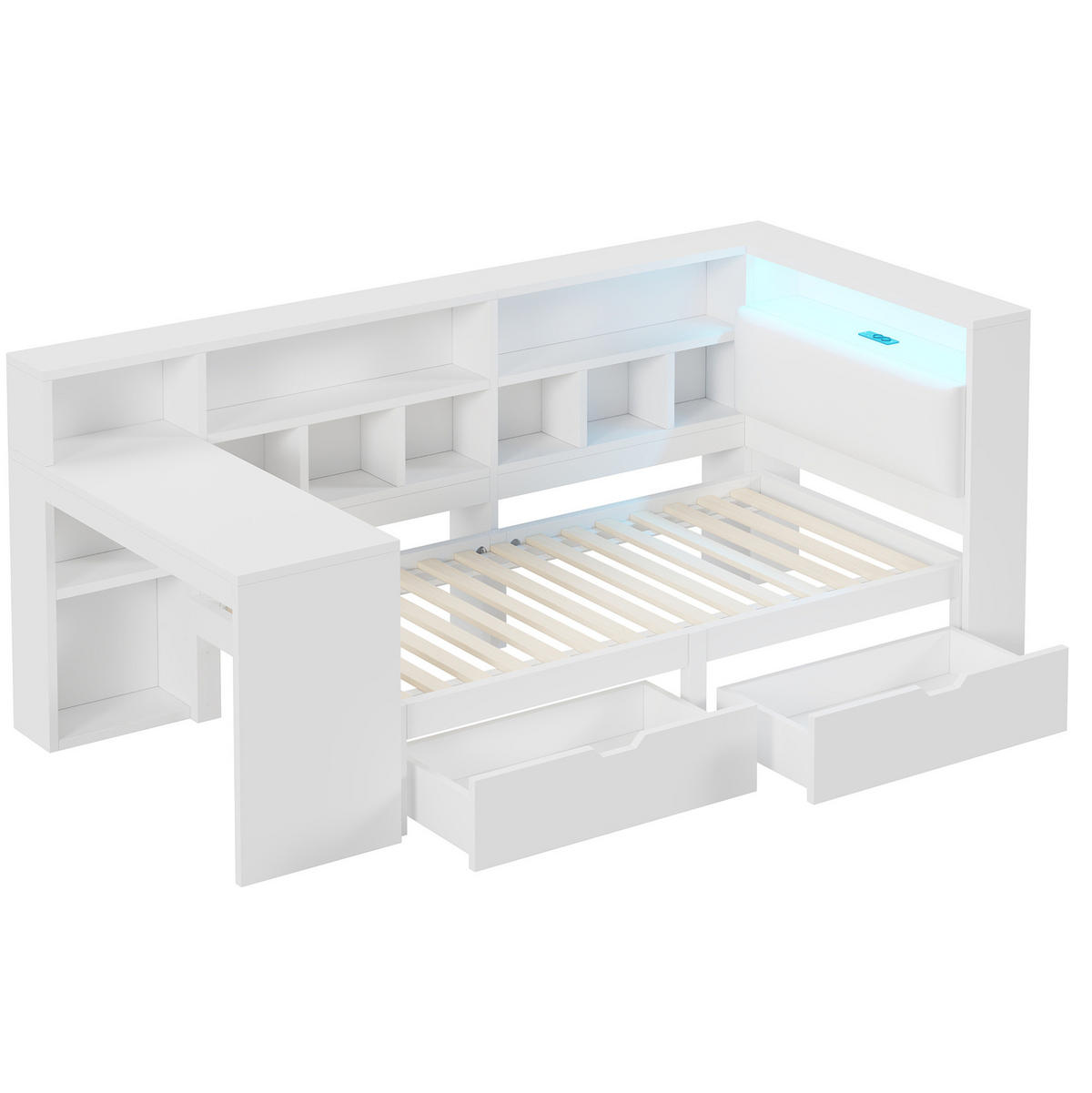 TAGESBETT 90/200 cm mit Schreibtisch, Bücherregal, LED-Beleuchtung und Stauraum, Weiß - Weiß, Holzwerkstoff (90/200cm) - Redom