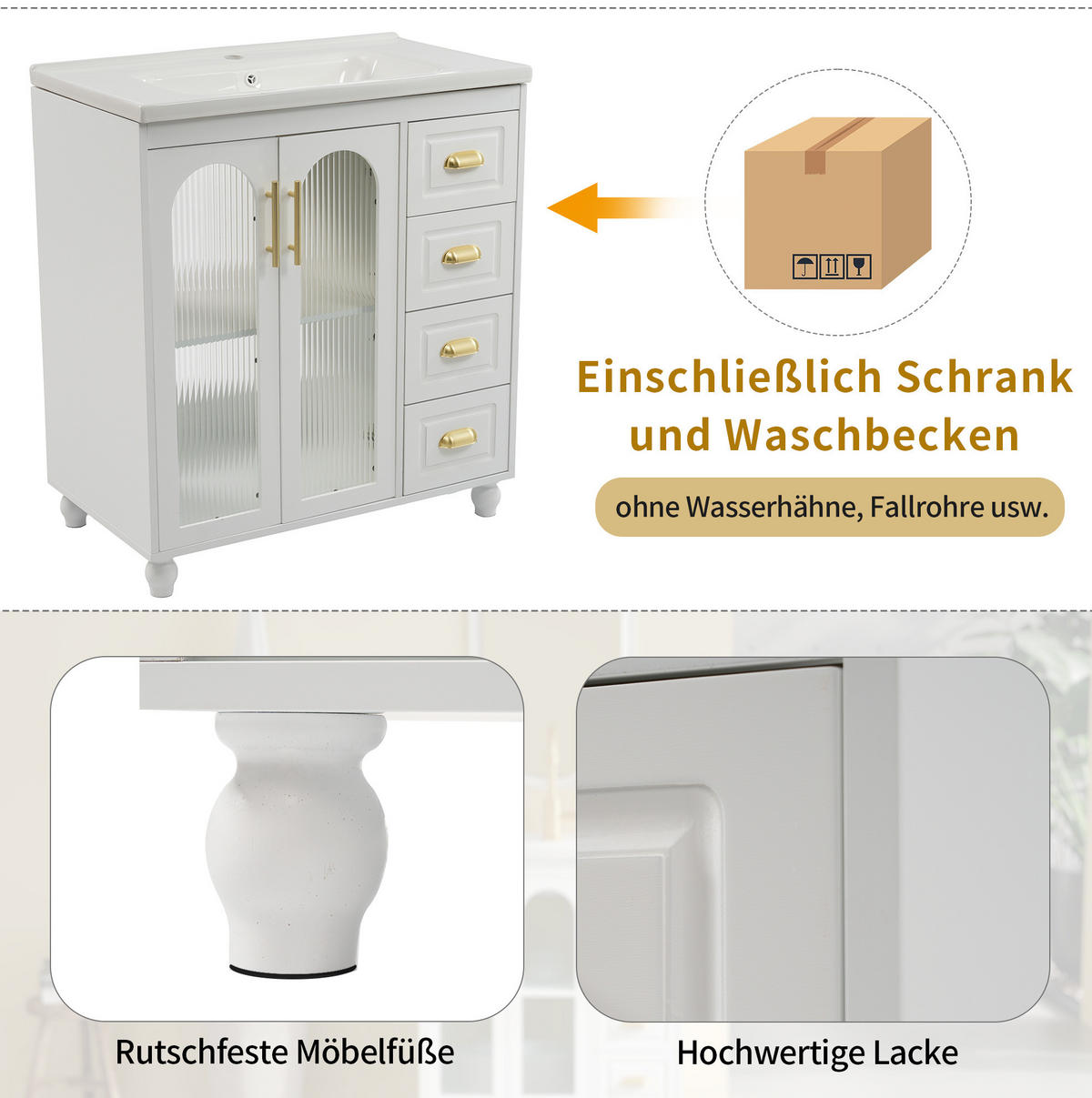 BADEZIMMERSCHRANK mit Becken 80x47x90 cm Weiß aus Porzellan & MDF mit 2 Schränken & 3 Schubladen - Weiß, Holzwerkstoff (80/90/47cm) - Modfu