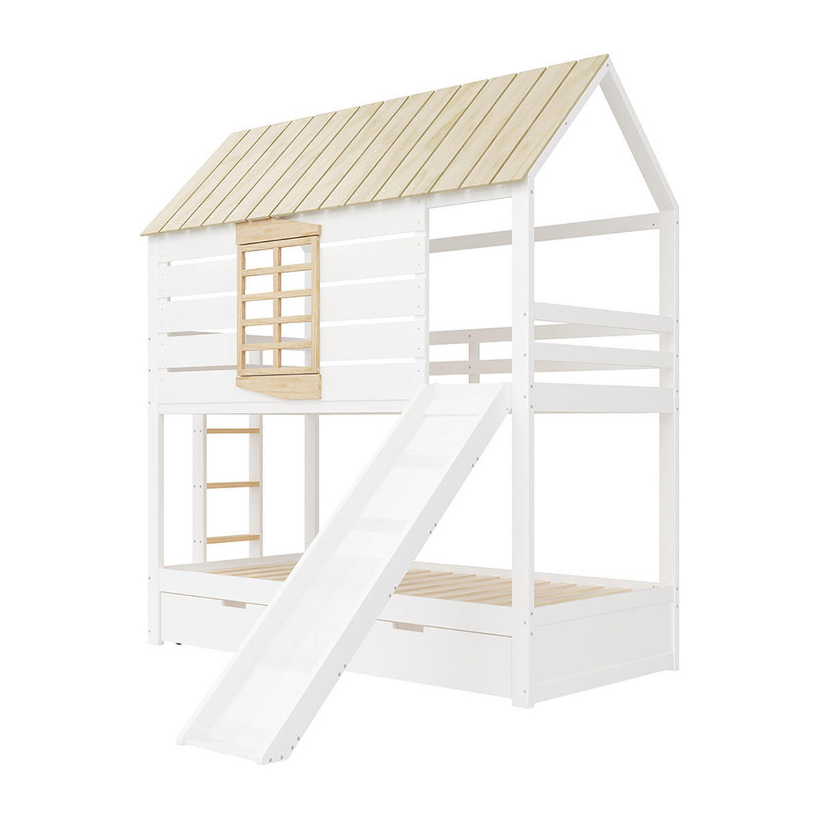 HAUSBETT 90X200 cm mit Rutsche und 2 Schubladen, Weiß+Natural - Weiß, Holz (90/200cm) - KOMHTOM