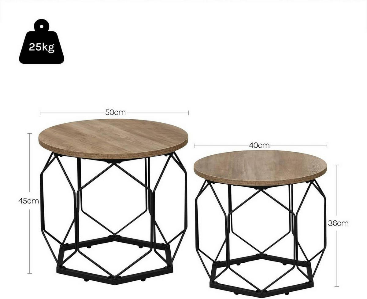 COUCHTISCH 2er Set, rund, Graue Holzoptik - Schwarz/Sonoma Eiche, Holzwerkstoff/Metall (50/50/45cm) - Woltu