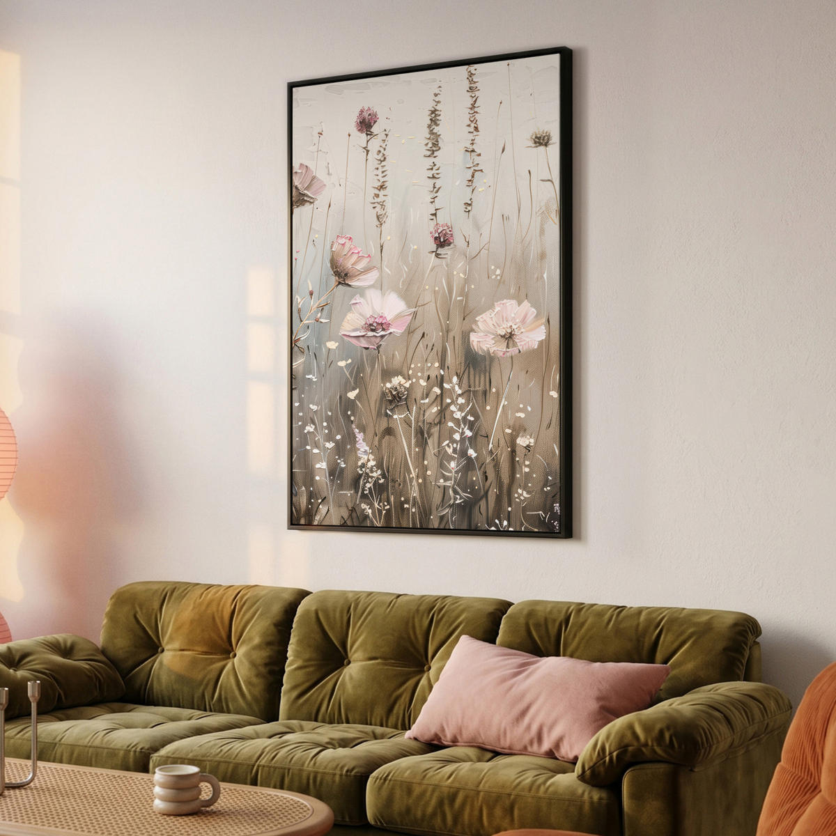 LEINWAND Bilder mit Rahmen - Blumen - Rosa - Modern - Beige - 100x150 - Beige, Textil (100/150cm) - MuchoWow
