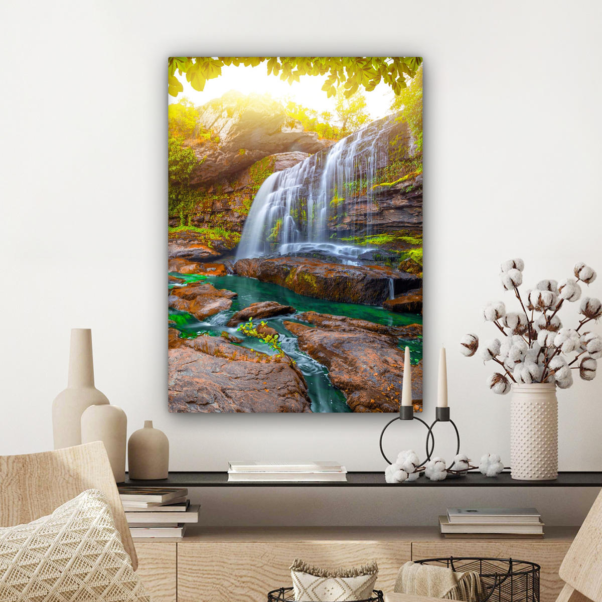 LEINWANDBILD Natur - Wasserfall - Pflanzen - Bäume - Sonne Wandbild Wohnzimmer 60x80 cm - Olivgrün, Textil (60/80cm) - MuchoWow