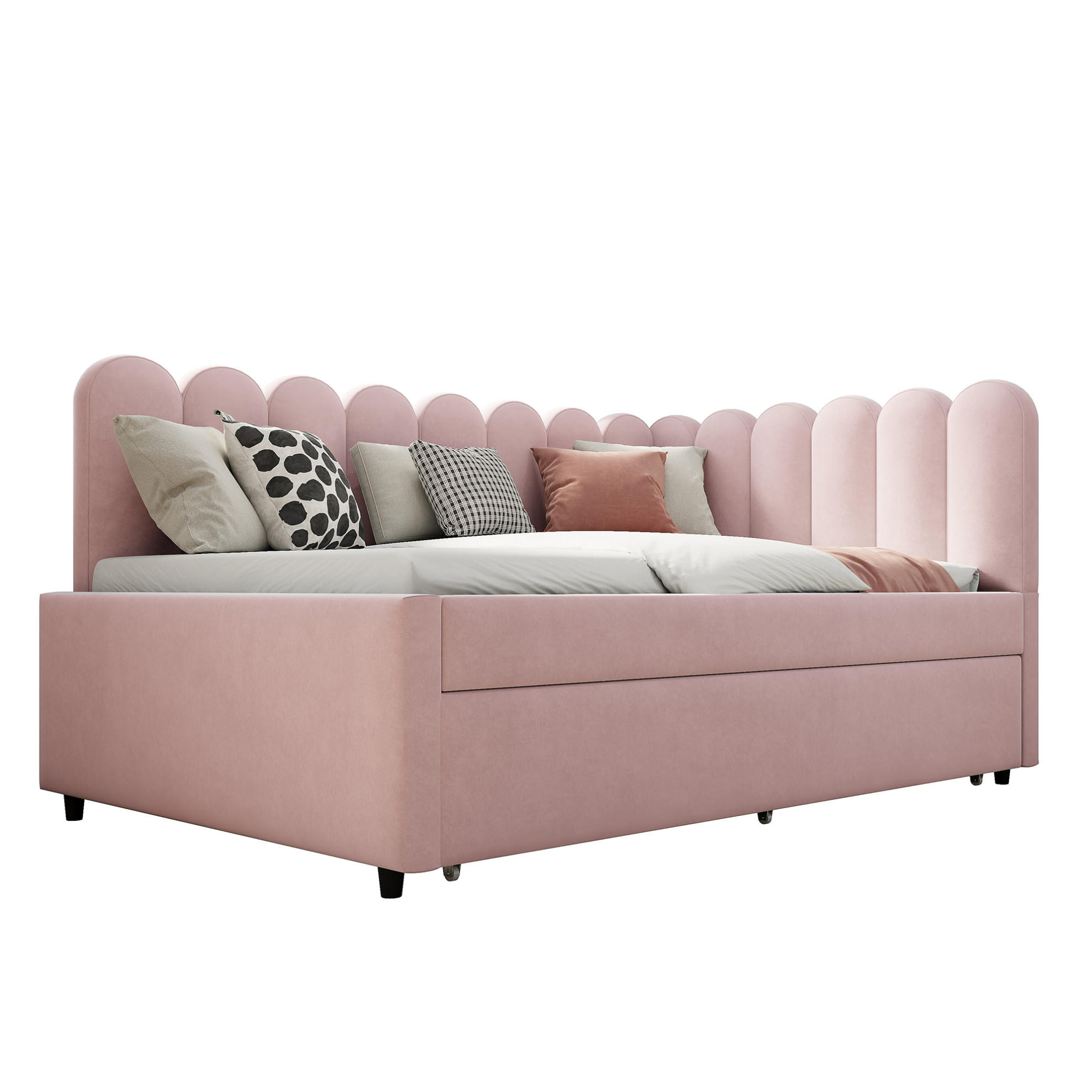 POLSTERBETT 140/200 cm mit Ausziehbett, L-Form und Samtbezug mit blütenblattförmiger Rückenlehne, Rosa - Rosa, Leder (140/200cm) - Redom