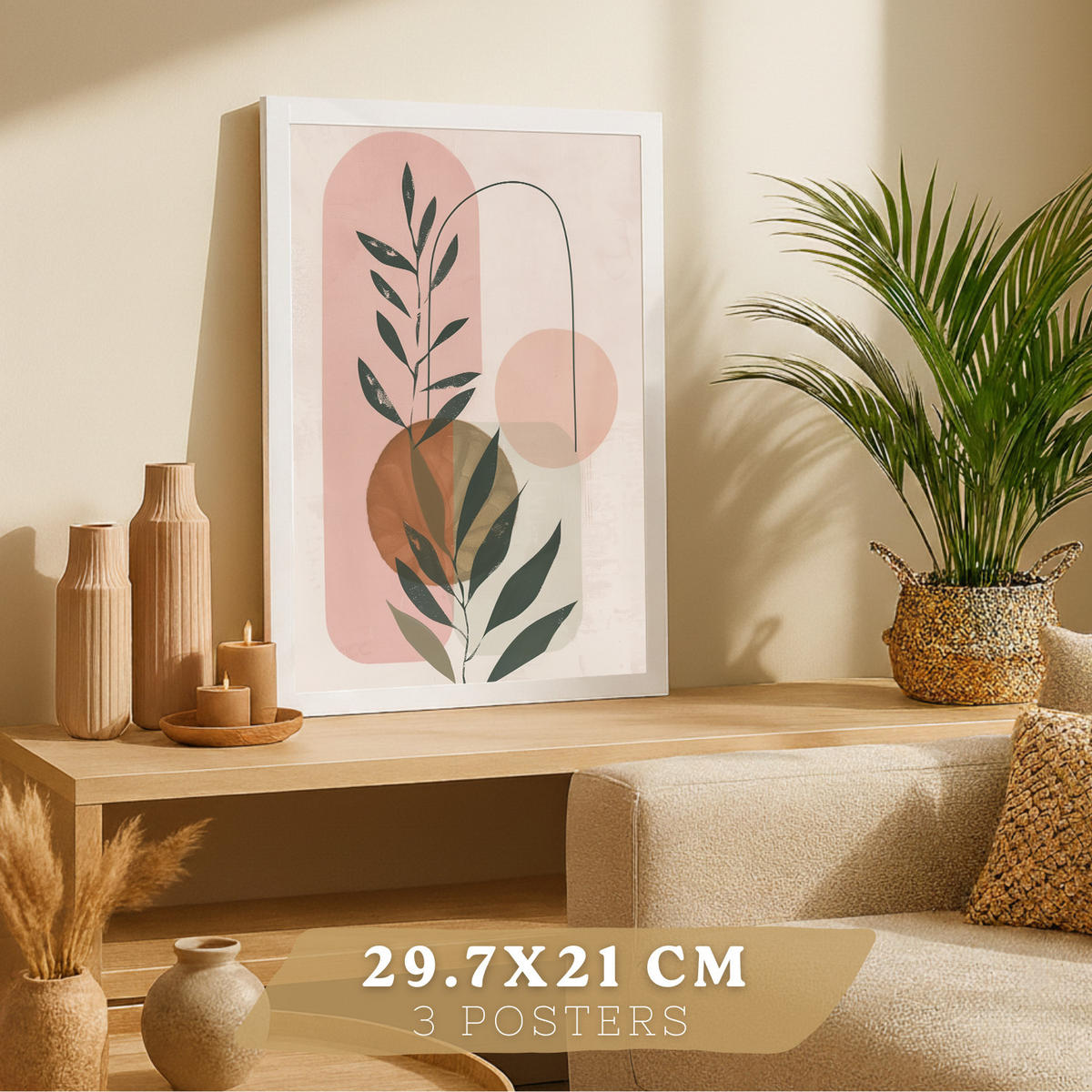 PLAKAT Sada 3 dekorativních nástěnných tisků, pastelově zelené a růžové rostliny, pro moderní dekoraci obývacího, velikost Bílý rám A4 - bílá, papír (21/29.7/3cm) - Nacnic