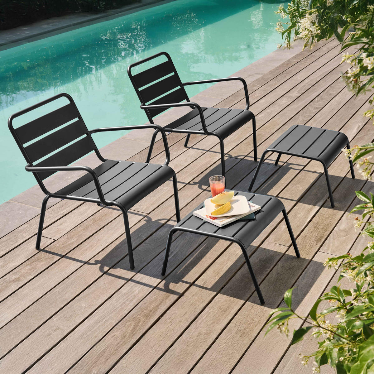 RELAXSESSEL MIT HOCKER 2-tlg., Grau - Grau, Metall (64/72/60cm) - Oviala