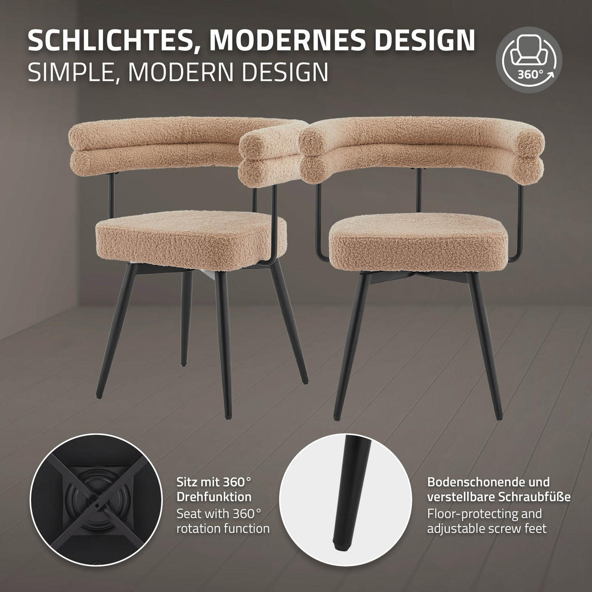 ESSZIMMERSTÜHLE drehbar 6er Set Braun Teddy-Stoff - Schwarz/Braun, Textil/Metall (63/75/55cm) - ML-DESIGN
