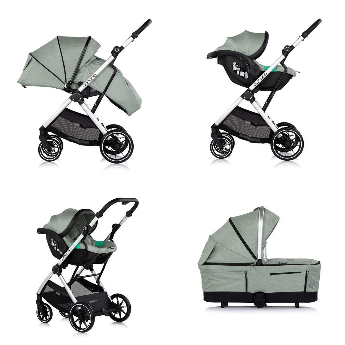 KOMBIKINDERWAGEN Aurora 3 in 1 grün EVA-Material, Aluminium, 3-Punkt-Gurt, Babywanne, Babyschale - Grün, Metall (84/57/112cm) - Chipolino