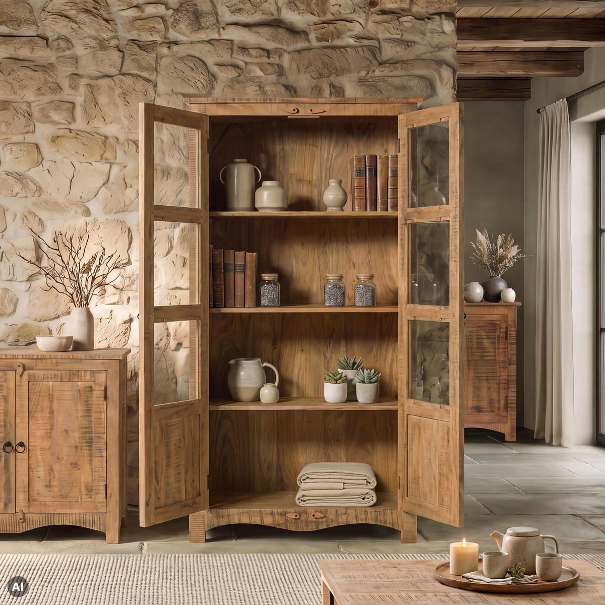 VITRINE Akazie 90x40x180 natur versiegelt NATURE OF SPIRIT #252 - Naturfarben, Holz (90/180/40cm) - Massivmoebel24