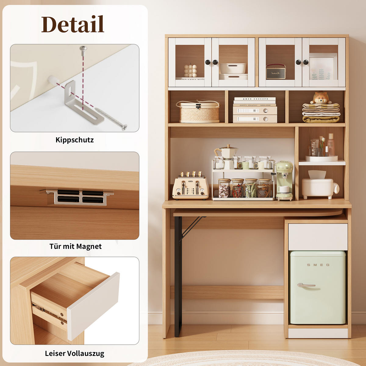 SCHRANKSCHREIBTISCH ARBEITSTISCH in Naturfarben Computertisch Schreibtisch mit Regal Schrank, Stauraum ,B110/T55/H180cm - Transparent/Naturfarben, Holzwerkstoff (55/110/180cm) - STILVORA